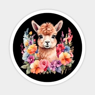 An alpaca decorated with beautiful watercolor flowers Magnet